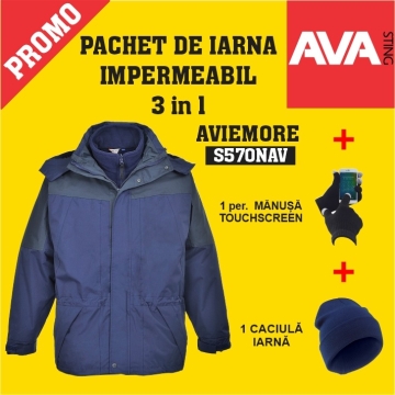 Pachet PROMO Jacheta iarna 3 in 1 AVIEMORE S570NAR + manusi iarna GL16BKR + caciula bleumarin iarna 