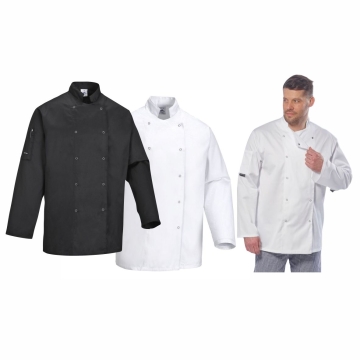 Skip to the beginning of the images gallery
Descoperă jacheta bucătar Suffolk Chefs L/S C833 Portwest - un model unisex conceput pentru profesioniștii ocupați din mediul modern de lucru în bucătărie. Această jachetă îți oferă ușurință de mișcare și o înc
