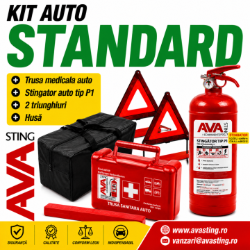 Kit auto Standard CE - Stingator auto P1 + trusa sanitara auto Prima+ 2 triunghiuri reflectorizante