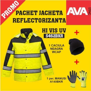 Pachet PROMO Jacheta iarna reflectorizanta HI VIS UV S462BKR + manusa iarna THERMAL GRIP A140BKR + caciula neagra iarna WCAP 