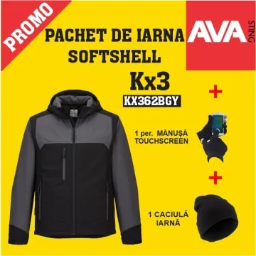 Pachet PROMO Jacheta de iarna softshell KX362BGY +  manusa TOUCHSCREEN GL16BKR + caciula iarna WCAP