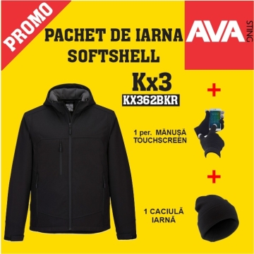 Pachet PROMO Jacheta de iarna softshell KX362BKR +  manusa TOUCHSCREEN GL16BKR + caciula iarna WCAP