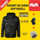 Pachet PROMO IARNA softshell VERTEX CAMO W56 DARK GRAY C2 + manusi TOUCHSCREEN GL16 + caciula gri iarna WCAP