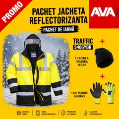 Pachet PROMO Jacheta iarna reflectorizanta TRAFFIC CONTRAST S466YBR + manusa iarna THERMAL GRIP A140BKR + caciula neagra iarna WCAP