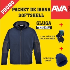 Pachet PROMO Jacheta de iarna softshell gluga TK53NAV + manusa TOUCHSCREEN GL16BKR + caciula iarna WCAP