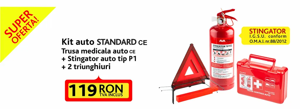 Kit auto Standard - Stingator auto P1 + trusa sanitara auto + 2 triunghiuri reflectorizante